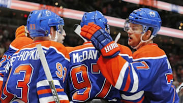 Oct 20, 2016; Edmonton, Alberta, CAN; The Edmonton Oilers celebrate a third period goal by forward Connor McDavid (97) against the St. Louis Blues at Rogers Place. Mandatory Credit: Perry Nelson-USA TODAY Sports