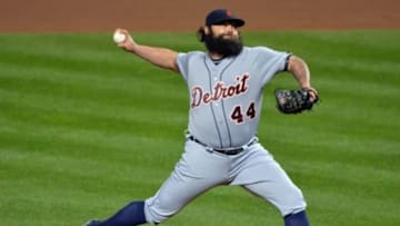 Oct 2, 2014; Baltimore, MD, USA; Detroit Tigers relief pitcher Joba Chamberlain (44) pitches during the seventh inning in game one of the 2014 American League divisional series against the Baltimore Orioles at Oriole Park at Camden Yards. Credit: Tommy Gilligan-USA TODAY Sports