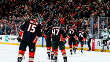 ANAHEIM, CA - DECEMBER 12: Ryan Getzlaf #15, Hampus Lindholm #47, Nick Ritchie #37 and Brandon Montour #26 of the Anaheim Ducks head to the bench to celebrate Montour's third-period goal during the game against the Dallas Stars at Honda Center on December 12, 2018 in Anaheim, California. (Photo by Debora Robinson/NHLI via Getty Images)