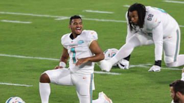JACKSONVILLE, FLORIDA - SEPTEMBER 24: Tua Tagovailoa #1 of the Miami Dolphins looks on before the start of the game against the Jacksonville Jaguars at TIAA Bank Field on September 24, 2020 in Jacksonville, Florida. (Photo by James Gilbert/Getty Images)