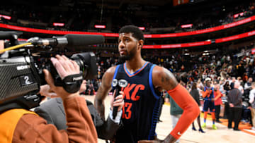 SALT LAKE CITY, UT - DECEMBER 22: Paul George #13 of the Oklahoma City Thunder speaks to the media after the game against the Utah Jazz on December 22, 2018 at vivint.SmartHome Arena in Salt Lake City, Utah. NOTE TO USER: User expressly acknowledges and agrees that, by downloading and/or using this photograph, user is consenting to the terms and conditions of the Getty Images License Agreement. Mandatory Copyright Notice: Copyright 2018 NBAE (Photo by Garrett Ellwood/NBAE via Getty Images)