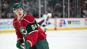 Sep 27, 2016; Saint Paul, MN, USA; Minnesota Wild forward Joel Eriksson Ek (54) during a preseason hockey game against the Colorado Avalanche at Xcel Energy Center. The Avalanche defeated the Wild 4-1. Mandatory Credit: Brace Hemmelgarn-USA TODAY Sports