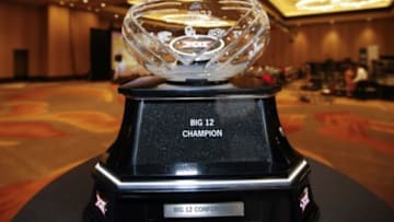 Jul 21, 2014; Dallas, TX, USA; Big 12 trophy reflecting the new logo is displayed during the Big 12 Media Day at the Omni Dallas. Mandatory Credit: Kevin Jairaj-USA TODAY Sports