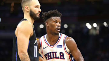 ORLANDO, FL - NOVEMBER 14: Jimmy Butler #23 of the Philadelphia 76ers lines up against Evan Fournier #10 of the Orlando Magic during a NBA game at Amway Center on November 14, 2018 in Orlando, Florida. NOTE TO USER: User expressly acknowledges and agrees that, by downloading and or using this photograph, User is consenting to the terms and conditions of the Getty Images License Agreement. (Photo by Alex Menendez/Getty Images)