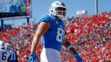 Oct 1, 2022; Oxford, Mississippi, USA; Mississippi Rebels tight end Casey Kelly (81) reacts after a touchdown during the first quarter against the Kentucky Wildcats at Vaught-Hemingway Stadium. Mandatory Credit: Petre Thomas-USA TODAY Sports