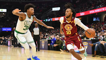 CLEVELAND, OHIO - NOVEMBER 13: Marcus Smart #36 of the Boston Celtics tries to stop Darius Garland #10 of the Cleveland Cavaliers during the first half at Rocket Mortgage Fieldhouse on November 13, 2021 in Cleveland, Ohio. NOTE TO USER: User expressly acknowledges and agrees that, by downloading and/or using this photograph, user is consenting to the terms and conditions of the Getty Images License Agreement. (Photo by Jason Miller/Getty Images)