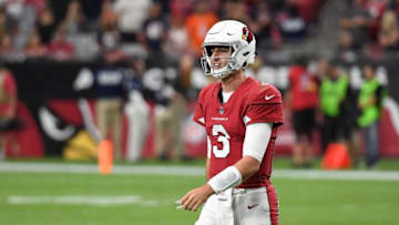 GLENDALE, AZ - SEPTEMBER 23: Josh Rosen #3 of the Arizona Cardinals walks back to the huddle while looking at his sidelines against the Chicago Bears at State Farm Stadium on September 23, 2018 in Glendale, Arizona. (Photo by Norm Hall/Getty Images)