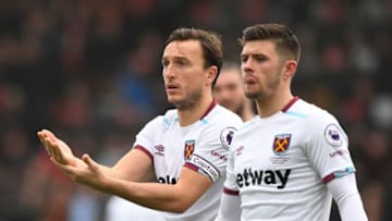 BOURNEMOUTH, ENGLAND - MARCH 11: Aaron Cresswell and Mark Noble of West Ham United (L) appeal as Joshua King of AFC Bournemouth scores their second goal during the Premier League match between AFC Bournemouth and West Ham United at Vitality Stadium on March 11, 2017 in Bournemouth, England. (Photo by Stu Forster/Getty Images)