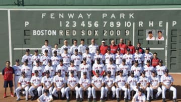 BOSTON - AUGUST 27: The Boston Red Sox pose for their 2009 team photo at Fenway Park in Boston, Massachusetts on August 27, 2009. First Row: Dustin Pedroia, Jason Varitek, Gary Tuck, Dave Magadan, Brad Mills, Terry Francona, John Farrell, DeMarlo Hale, Tim Bogar, Alex Ochoa, Nick Green, J.D. Drew, Tim Wakefield,. .Second Row: Jeff Yamaguchi, Matt Noone, Ino Guerrero, Billy Wagner, Kevin Youkilis, Hideki Okajima, Jed Lowrie, Jonathan Papelbon, David Ortiz, Casey Kotchman, Victor Martinez, Alex Gonzalez, Daisuke Matsuzaka, Mani Martinez. Third Row: Dave Page, Jacoby Ellsbury, Junichi Tazawa, Ramon Ramirez, Rocco Baldelli, Manny Delcarmen, Daniel Bard, Mike Lowell, Josh Beckett, Jason Bay, Clay Buchholz, Jon Lester, Takashi Saito, Masa Hoshino, .Forth Row: Takanori Maeda, Mike Reinold, Russel Nua, Scott Waugh, Masai Takahashi, Paul Lessard, Joe Cochran, Jack McCormick, Tommy McLaughlin, Edward "Pookie" Jackson, Billy Broadbent. .Inset: Paul Byrd, George Kottaras. .Bat Boys: Jared Pinkos, Chris Cundiff. (Photograph by Michael Ivins/Boston Red Sox/MLB Photos via Getty Images)