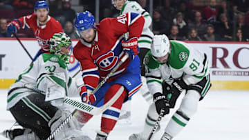 MONTREAL, QC - OCTOBER 30: Ben Bishop #30 and Tyler Seguin #91 of the Dallas Stars defend the net against Joel Armia #40 of the Montreal Canadiens in the NHL game at the Bell Centre on October 30, 2018 in Montreal, Quebec, Canada. (Photo by Francois Lacasse/NHLI via Getty Images)