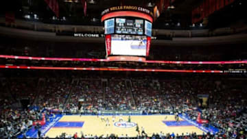 Apr 13, 2015; Philadelphia, PA, USA; General view of game play between the Philadelphia 76ers and the Milwaukee Bucks during the second half at Wells Fargo Center. The Bucks won 107-97. Mandatory Credit: Bill Streicher-USA TODAY Sports