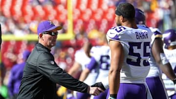 Nov 13, 2016; Landover, MD, USA; Minnesota Vikings head coach Mike Zimmer (L) shakes hands with Vikings linebacker Anthony Barr (55) prior to the game against the Washington Redskins at FedEx Field. Mandatory Credit: Geoff Burke-USA TODAY Sports