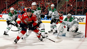 SUNRISE, FL - FEBRUARY 12: Frank Vatrano #72 of the Florida Panthers skates for possession against John Klingberg #3 of the Dallas Stars at the BB&T Center on February 12, 2019 in Sunrise, Florida. (Photo by Eliot J. Schechter/NHLI via Getty Images)
