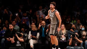 NEW YORK, NEW YORK - OCTOBER 25: Joe Harris #12 of the Brooklyn Nets reacts after scoring during the first half against the Washington Wizards at Barclays Center on October 25, 2021 in the Brooklyn borough of New York City. NOTE TO USER: User expressly acknowledges and agrees that, by downloading and or using this photograph, user is consenting to the terms and conditions of the Getty Images License Agreement. (Photo by Sarah Stier/Getty Images)