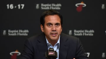 Nov 15, 2016; Miami, FL, USA; Miami Heat head coach Erik Spoelstra address members of the media prior to a game against the Atlanta Hawks at American Airlines Arena. Mandatory Credit: Steve Mitchell-USA TODAY Sports