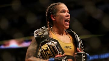 DALLAS, TEXAS - JULY 30: Amanda Nunes of Brazil celebrates after defeating Julianna Pena in their bantamweight title bout during UFC 277 at American Airlines Center on July 30, 2022 in Dallas, Texas. Amanda Nunes won via unanimous decision. (Photo by Carmen Mandato/Getty Images)
