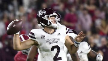 Oct 22, 2022; Tuscaloosa, Alabama, USA; Mississippi State Bulldogs quarterback Will Rogers (2) throws a pass against the Alabama Crimson Tide at Bryant-Denny Stadium. Alabama won 30-6. Mandatory Credit: Gary Cosby Jr.-USA TODAY Sports