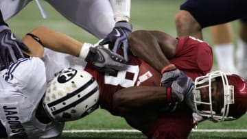Sep 5, 2009; Arlington, TX, USA; Oklahoma Sooners wide receiver Brandon Caleb (8) recovers a fumble against the BYU Cougars at Cowboys Stadium. Mandatory Credit: Tim Heitman-USA TODAY Sports