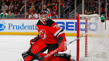 NEWARK, NEW JERSEY - FEBRUARY 01: Louis Domingue #70 of the New Jersey Devils in action against the Dallas Stars at Prudential Center on February 01, 2020 in Newark, New Jersey. The Stars defeated the Devils 3-2 in overtime. (Photo by Jim McIsaac/Getty Images)