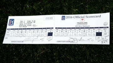 CROMWELL, CT - AUGUST 07: Jim Furyk's (not shown) scorecard is shown after he shot a record setting 58 during the final round of the Travelers Championship at TCP River Highlands on August 7, 2016 in Cromwell, Connecticut. (Photo by Michael Cohen/Getty Images)