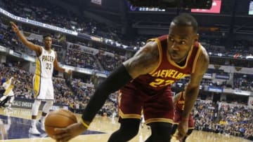 Feb 1, 2016; Indianapolis, IN, USA; Cleveland Cavaliers forward LeBron James (23) saves a ball from going out of bounds during the first half against the Indiana Pacers at Bankers Life Fieldhouse. Mandatory Credit: Brian Spurlock-USA TODAY Sports