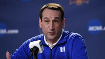 March 23, 2016; Anaheim, CA, USA; Duke head coach Mike Krzyzewski speaks to media during practice the day before the semifinals of the West regional of the NCAA Tournament at Honda Center. Mandatory Credit: Richard Mackson-USA TODAY Sports