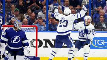 TAMPA, FLORIDA - APRIL 24: Alexander Kerfoot #15 of the Toronto Maple Leafs celebrates a goal in overtime to win Game Four of the First Round of the 2023 Stanley Cup Playoffs against the Tampa Bay Lightning at Amalie Arena on April 24, 2023 in Tampa, Florida. (Photo by Mike Ehrmann/Getty Images)
