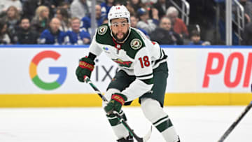 Feb 24, 2023; Toronto, Ontario, CAN; Minnesota Wild forward Jordan Greenway (18) follows the play against the Toronto Maple Leafs in the second period at Scotiabank Arena. Mandatory Credit: Dan Hamilton-USA TODAY Sports