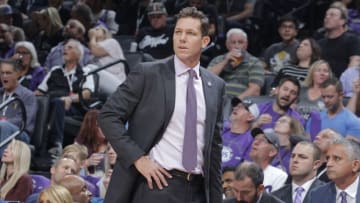 SACRAMENTO, CA - OCTOBER 25: Head coach Luke Walton of the Sacramento Kings looks on during the game against the Portland Trail Blazers on October 25, 2019 at Golden 1 Center in Sacramento, California. NOTE TO USER: User expressly acknowledges and agrees that, by downloading and or using this photograph, User is consenting to the terms and conditions of the Getty Images Agreement. Mandatory Copyright Notice: Copyright 2019 NBAE (Photo by Rocky Widner/NBAE via Getty Images)