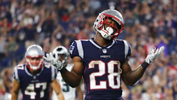 FOXBOROUGH, MA - AUGUST 16: James White #28 of the New England Patriots celebrates after scoring a touchdown in the second quarter against the Philadelphia Eagles during the preseason game at Gillette Stadium on August 16, 2018 in Foxborough, Massachusetts. (Photo by Tim Bradbury/Getty Images)