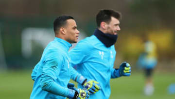 ENFIELD, ENGLAND - DECEMBER 23: Michel Vorm and Hugo Lloris warm up during a Tottenham Hotspur training session at Tottenham Hotspur Training Centre on December 23, 2016 in Enfield, England. (Photo by Tottenham Hotspur FC/Tottenham Hotspur FC via Getty Images)