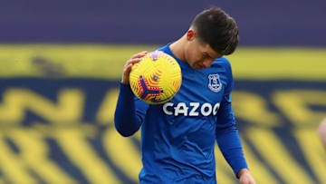 Everton's Colombian midfielder James Rodriguez reacts after Newcastle United's English striker Callum Wilson scores his team's second goal during the English Premier League football match between Everton and Newcastle United at Goodison Park in Liverpool, north west England on January 30, 2021. (Photo by Jan Kruger / POOL / AFP) / RESTRICTED TO EDITORIAL USE. No use with unauthorized audio, video, data, fixture lists, club/league logos or 'live' services. Online in-match use limited to 120 images. An additional 40 images may be used in extra time. No video emulation. Social media in-match use limited to 120 images. An additional 40 images may be used in extra time. No use in betting publications, games or single club/league/player publications. / (Photo by JAN KRUGER/POOL/AFP via Getty Images)