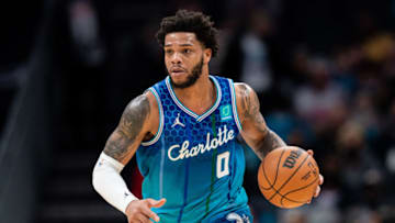 CHARLOTTE, NORTH CAROLINA - JANUARY 23: Miles Bridges #0 of the Charlotte Hornets brings the ball up court against the Atlanta Hawks during their game at Spectrum Center on January 23, 2022 in Charlotte, North Carolina. NOTE TO USER: User expressly acknowledges and agrees that, by downloading and or using this photograph, User is consenting to the terms and conditions of the Getty Images License Agreement. (Photo by Jacob Kupferman/Getty Images)