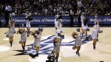 Nov 22, 2014; San Antonio, TX, USA; The San Antonio Spurs cheerleaders dance on the court during the first half against the Brooklyn Nets at AT&T Center. Mandatory Credit: Soobum Im-USA TODAY Sports