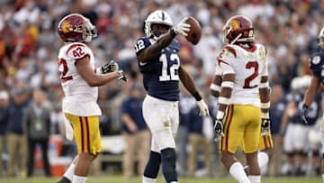 January 2, 2017; Pasadena, CA, USA; Penn State Nittany Lions wide receiver Chris Godwin (12) reacts after gaining yards on a catch against the Southern California Trojans during the first half of the 2017 Rose Bowl game at the Rose Bowl. Mandatory Credit: Gary A. Vasquez-USA TODAY Sports