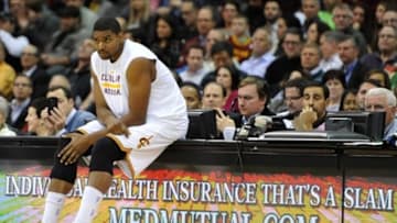 Nov 4, 2013; Cleveland, OH, USA; Cleveland Cavaliers center Andrew Bynum (21) waits to enter the game in the third quarter against the Minnesota Timberwolves at Quicken Loans Arena. Mandatory Credit: David Richard-USA TODAY Sports