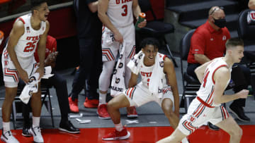 Mar 6, 2021; Salt Lake City, Utah, USA; Utah Utes guard Alfonso Plummer (25), left, and guard Ian Martinez (2) reacts in the second half against the Arizona State Sun Devils at Jon M. Huntsman Center. Mandatory Credit: Jeffrey Swinger-USA TODAY Sports