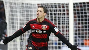 LEVERKUSEN, GERMANY - JANUARY 30: Javier Hernandez Chicharito of Leverkusen celebrates scoring the 3:0 during the Bundesliga match between Bayer Leverkusen and Hannover 96 at BayArena on January 30, 2016 in Leverkusen, Germany. (Photo by Mika Volkmann/Bongarts/Getty Images)