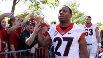 Apr 16, 2016; Athens, GA, USA; Georgia Bulldogs running back Nick Chubb (27) greets fans during the Dawg Walk before the spring game at Sanford Stadium. Mandatory Credit: Brett Davis-USA TODAY Sports