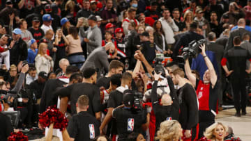 PORTLAND, OR - APRIL 14: The Portland Trail Blazers celebrates after the game against the Oklahoma City Thunder during Game One of Round One of the 2019 NBA Playoffs on April 14, 2019 at the Moda Center Arena in Portland, Oregon. NOTE TO USER: User expressly acknowledges and agrees that, by downloading and or using this photograph, user is consenting to the terms and conditions of the Getty Images License Agreement. Mandatory Copyright Notice: Copyright 2019 NBAE (Photo by Cameron Browne/NBAE via Getty Images)