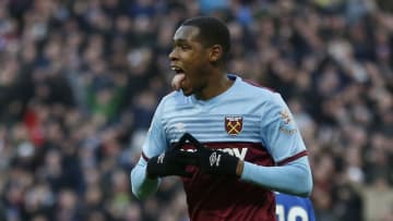 West Ham United's French defender Issa Diop celebrates scoring the opening goal during the English Premier League football match between West Ham United and Everton at The London Stadium, in east London on January 18, 2020. (Photo by Ian KINGTON / AFP) / RESTRICTED TO EDITORIAL USE. No use with unauthorized audio, video, data, fixture lists, club/league logos or 'live' services. Online in-match use limited to 120 images. An additional 40 images may be used in extra time. No video emulation. Social media in-match use limited to 120 images. An additional 40 images may be used in extra time. No use in betting publications, games or single club/league/player publications. / (Photo by IAN KINGTON/AFP via Getty Images)