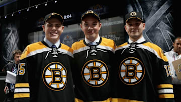 SUNRISE, FL - JUNE 26: (L-R) The Boston Bruins 13th overall pick, Jakub Zboril, 15th overall pick Zachary Senyshyn and 14th overall pick Jake DeBrusk pose together during Round One of the 2015 NHL Draft at BB