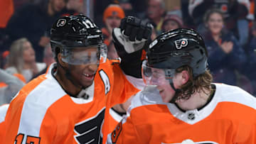 PHILADELPHIA, PENNSYLVANIA - JANUARY 14: Wayne Simmonds #17 and Nolan Patrick #19 of the Philadelphia Flyers celebrates a second period goal against the Minnesota Wild at Wells Fargo Center on January 14, 2019 in Philadelphia, Pennsylvania. (Photo by Drew Hallowell/Getty Images)