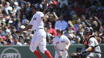 May 15, 2016; Boston, MA, USA; Boston Red Sox shortstop Xander Bogaerts (2) hits a three run home run during the second inning against the Houston Astros at Fenway Park. Mandatory Credit: Bob DeChiara-USA TODAY Sports
