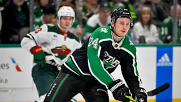 Dec 4, 2022; Dallas, Texas, USA; Dallas Stars center Roope Hintz (24) skates against the Minnesota Wild during the second period at the American Airlines Center. Mandatory Credit: Jerome Miron-USA TODAY Sports