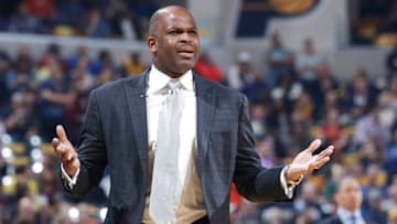 INDIANAPOLIS, IN - APRIL 23: Head coach Nate McMillan of the Indiana Pacers reacts in the first half of Game Four of the Eastern Conference Quarterfinals during the 2017 NBA Playoffs against the Cleveland Cavaliers at Bankers Life Fieldhouse on April 23, 2017 in Indianapolis, Indiana. The Cavaliers defeated the Pacers 106-102 to sweep the series 4-0. NOTE TO USER: User expressly acknowledges and agrees that, by downloading and or using the photograph, User is consenting to the terms and conditions of the Getty Images License Agreement. (Photo by Joe Robbins/Getty Images)