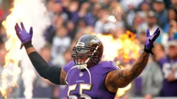Dec 28, 2014; Baltimore, MD, USA; Baltimore Ravens linebacker Terrell Suggs (55) gets introduced prior to the game against the Cleveland Browns at M&T Bank Stadium. Mandatory Credit: Evan Habeeb-USA TODAY Sports
