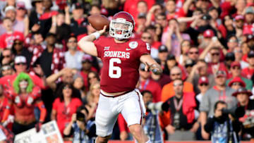 PASADENA, CA - JANUARY 01: Baker Mayfield #6 of the Oklahoma Sooners throws a pass in the 2018 College Football Playoff Semifinal Game aganist the Georgia Bulldogs at the Rose Bowl Game presented by Northwestern Mutual at the Rose Bowl on January 1, 2018 in Pasadena, California. (Photo by Harry How/Getty Images)