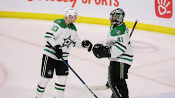 TEMPE, ARIZONA - NOVEMBER 03: Goaltender Scott Wedgewood #41 of the Dallas Stars is congratulated by Esa Lindell #23 after defeating the Arizona Coyotes in the NHL game at Mullett Arena on November 03, 2022 in Tempe, Arizona. The Stars defeated the Coyotes 7-2. (Photo by Christian Petersen/Getty Images)