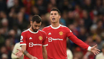 Manchester United's Portuguese striker Cristiano Ronaldo reacts after Liverpool scored their third goal during the English Premier League football match between Manchester United and Liverpool at Old Trafford in Manchester, north west England, on October 24, 2021. - RESTRICTED TO EDITORIAL USE. No use with unauthorized audio, video, data, fixture lists, club/league logos or 'live' services. Online in-match use limited to 120 images. An additional 40 images may be used in extra time. No video emulation. Social media in-match use limited to 120 images. An additional 40 images may be used in extra time. No use in betting publications, games or single club/league/player publications. (Photo by Oli SCARFF / AFP) / RESTRICTED TO EDITORIAL USE. No use with unauthorized audio, video, data, fixture lists, club/league logos or 'live' services. Online in-match use limited to 120 images. An additional 40 images may be used in extra time. No video emulation. Social media in-match use limited to 120 images. An additional 40 images may be used in extra time. No use in betting publications, games or single club/league/player publications. / RESTRICTED TO EDITORIAL USE. No use with unauthorized audio, video, data, fixture lists, club/league logos or 'live' services. Online in-match use limited to 120 images. An additional 40 images may be used in extra time. No video emulation. Social media in-match use limited to 120 images. An additional 40 images may be used in extra time. No use in betting publications, games or single club/league/player publications. (Photo by OLI SCARFF/AFP via Getty Images)